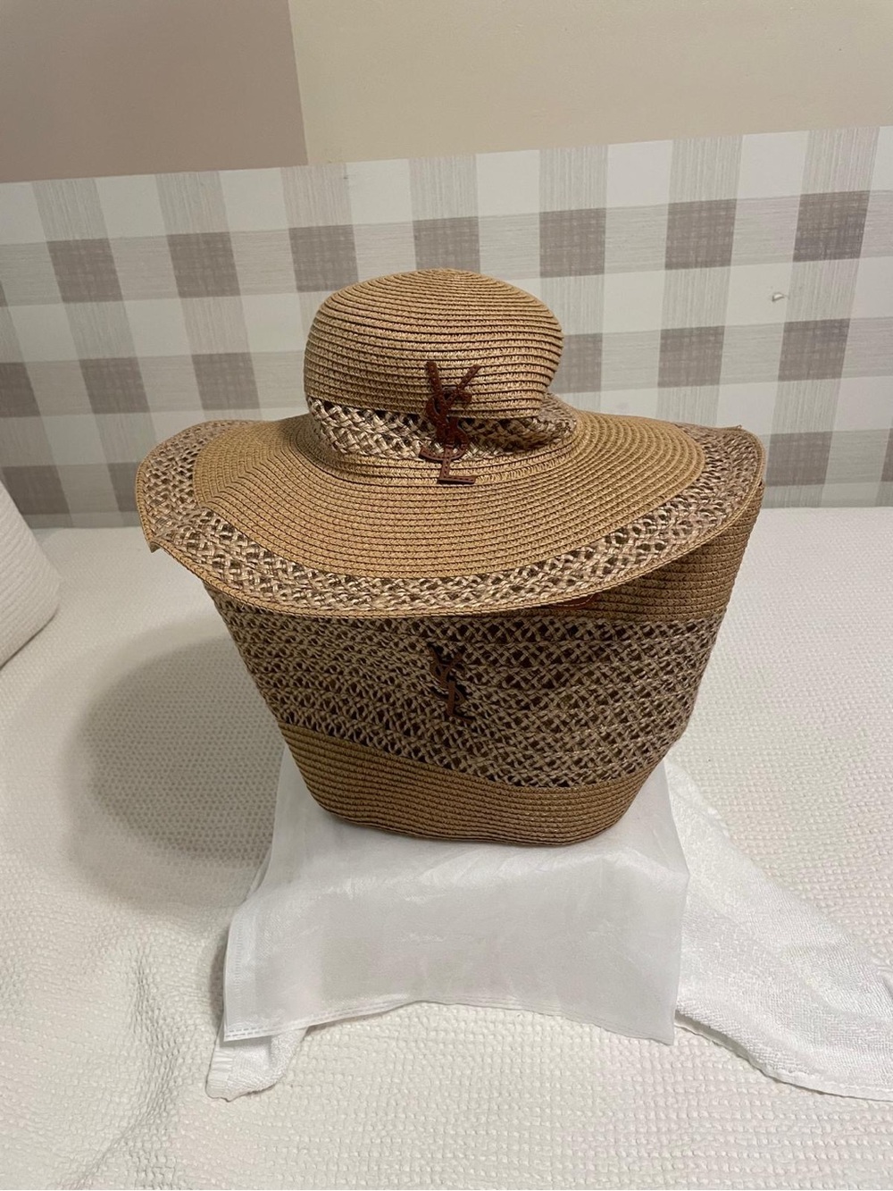 Woven Straw Sun Hat and Tote Set - Brown